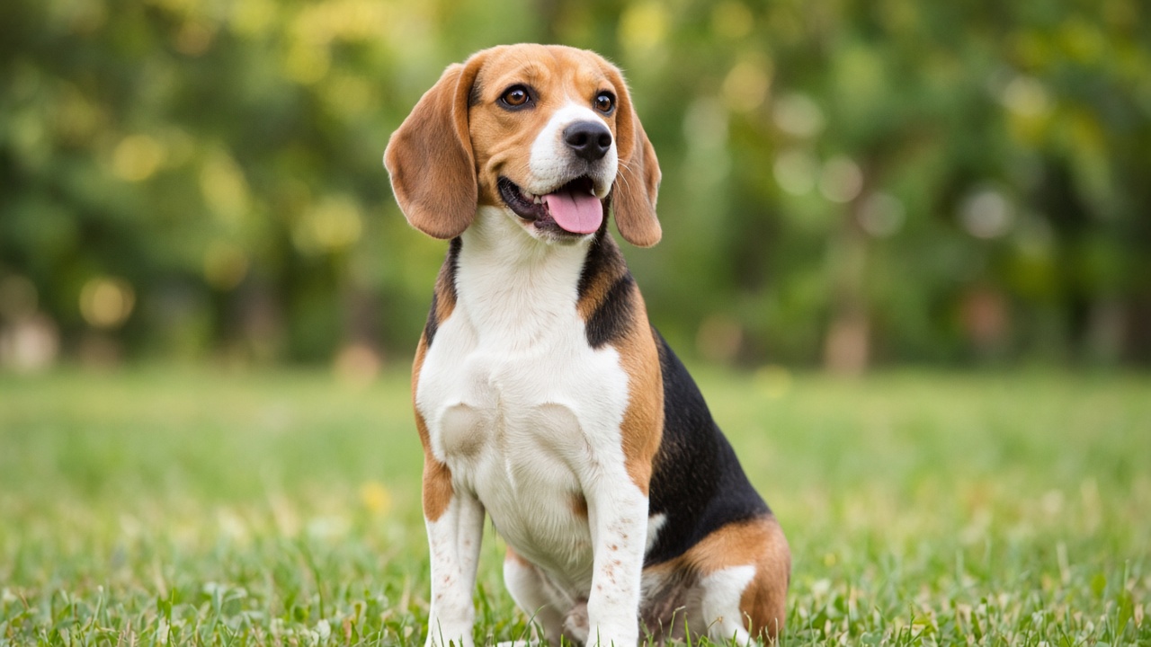 Beagle tricolor na trawie — portret rasy